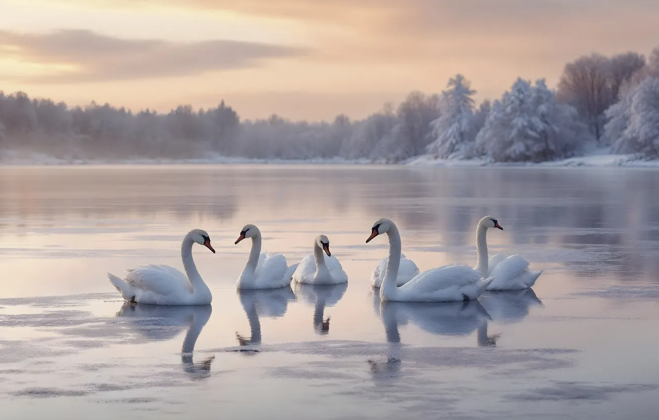 Photo wallpaper ice, winter, snow, nature, lake, swan, swans, landscape