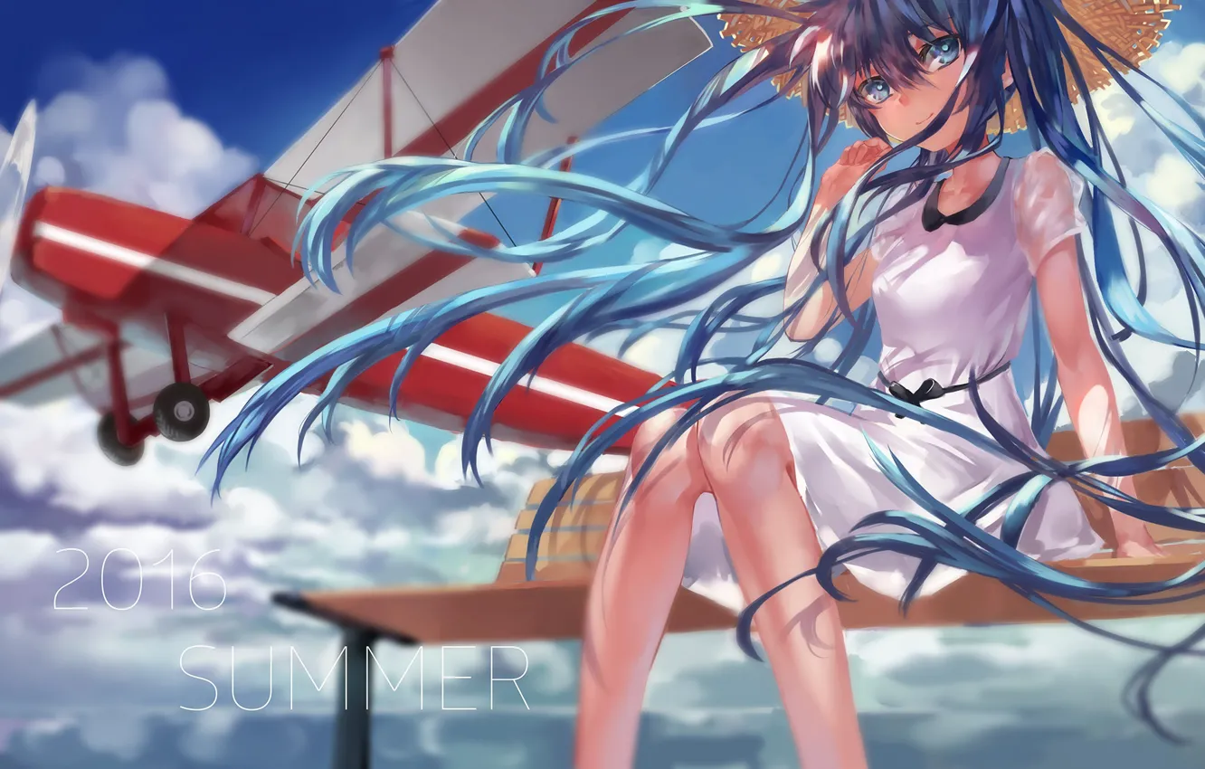 Photo wallpaper the sky, girl, clouds, bench, the plane, hat, anime, art