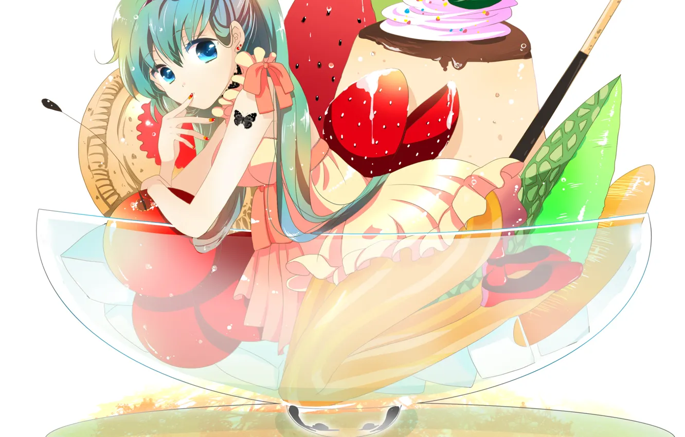 Photo wallpaper girl, butterfly, anime, tattoo, strawberry, art, ice cream, fruit