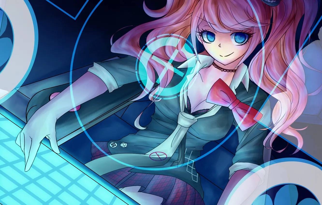 Photo wallpaper look, girl, smile, gesture, electronics, art, enoshima junko, Danganronpa