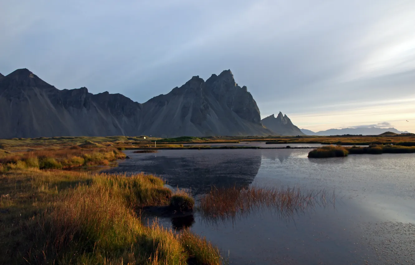 Photo wallpaper grass, mountains, lake, morning