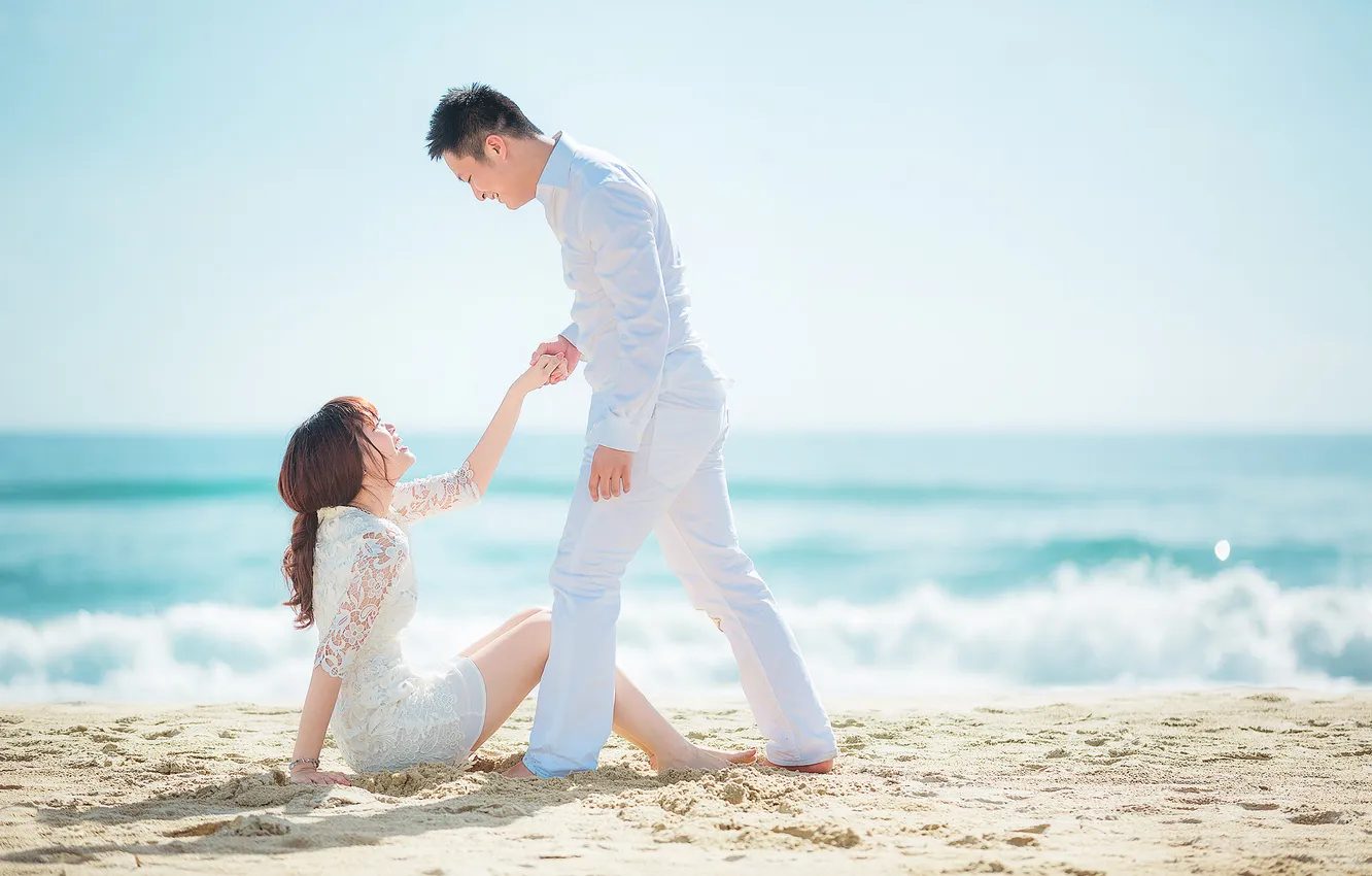 Photo wallpaper sand, sea, wave, beach, the sky, the sun, love, smile