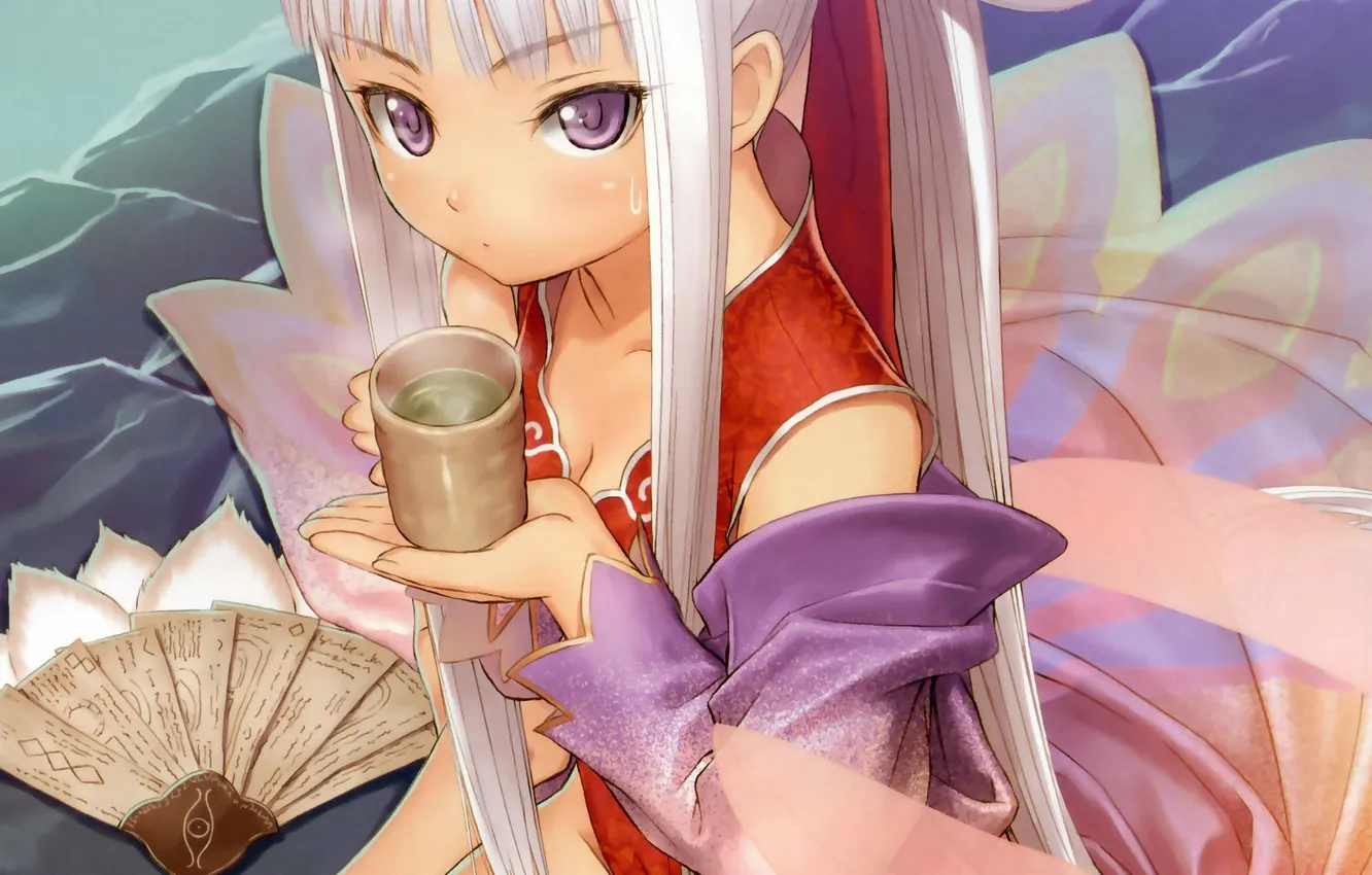 Photo wallpaper girl, tea, fan, art, Tony Taka, Tony Taka, Shining Tears X Wind