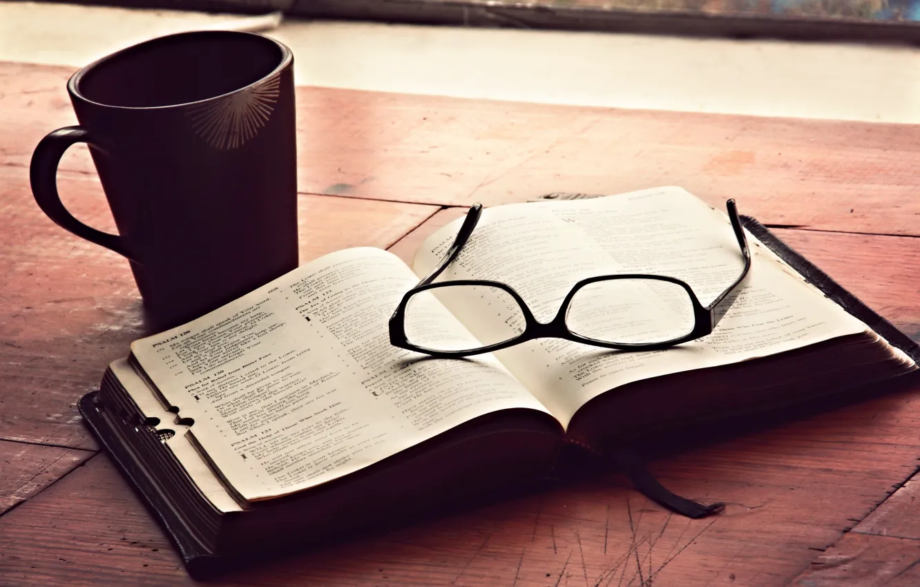 Photo wallpaper glasses, Cup, book, the Bible