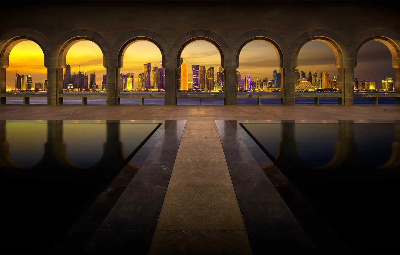 Photo wallpaper night, lights, home, Dubai, arch, UAE