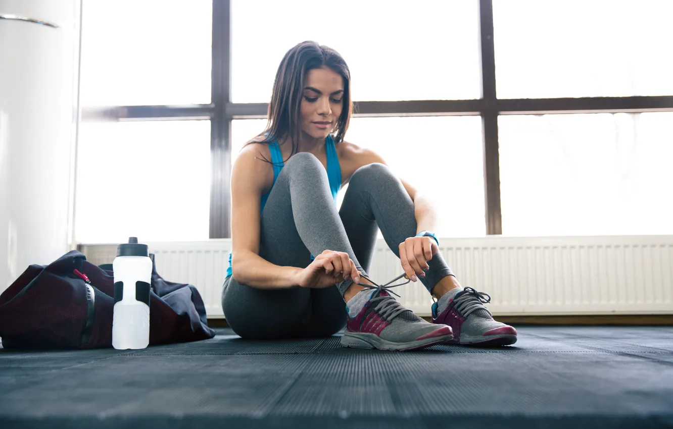 Photo wallpaper brunette, shoes, fitness, gym