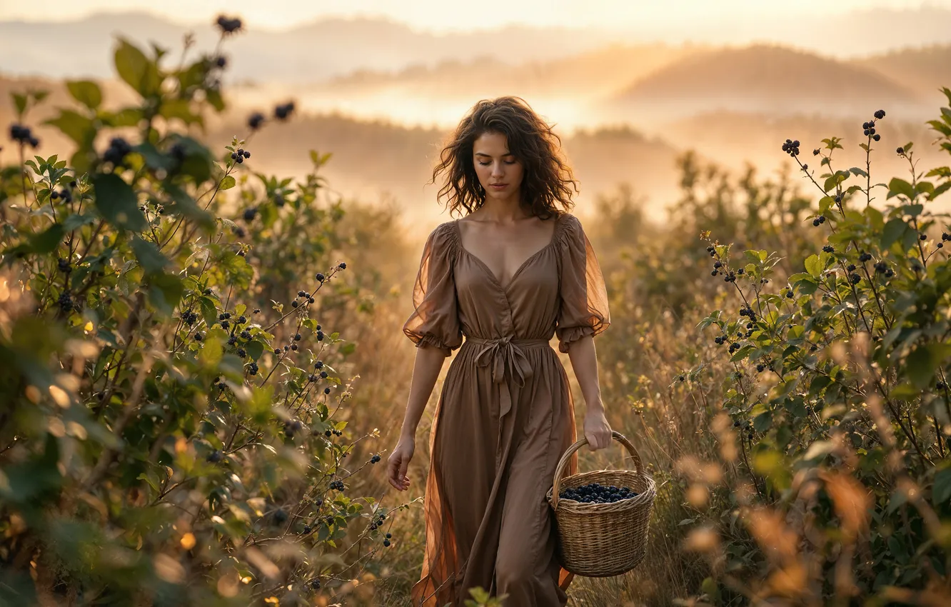 Photo wallpaper field, girl, light, nature, fog, thickets, hills, morning