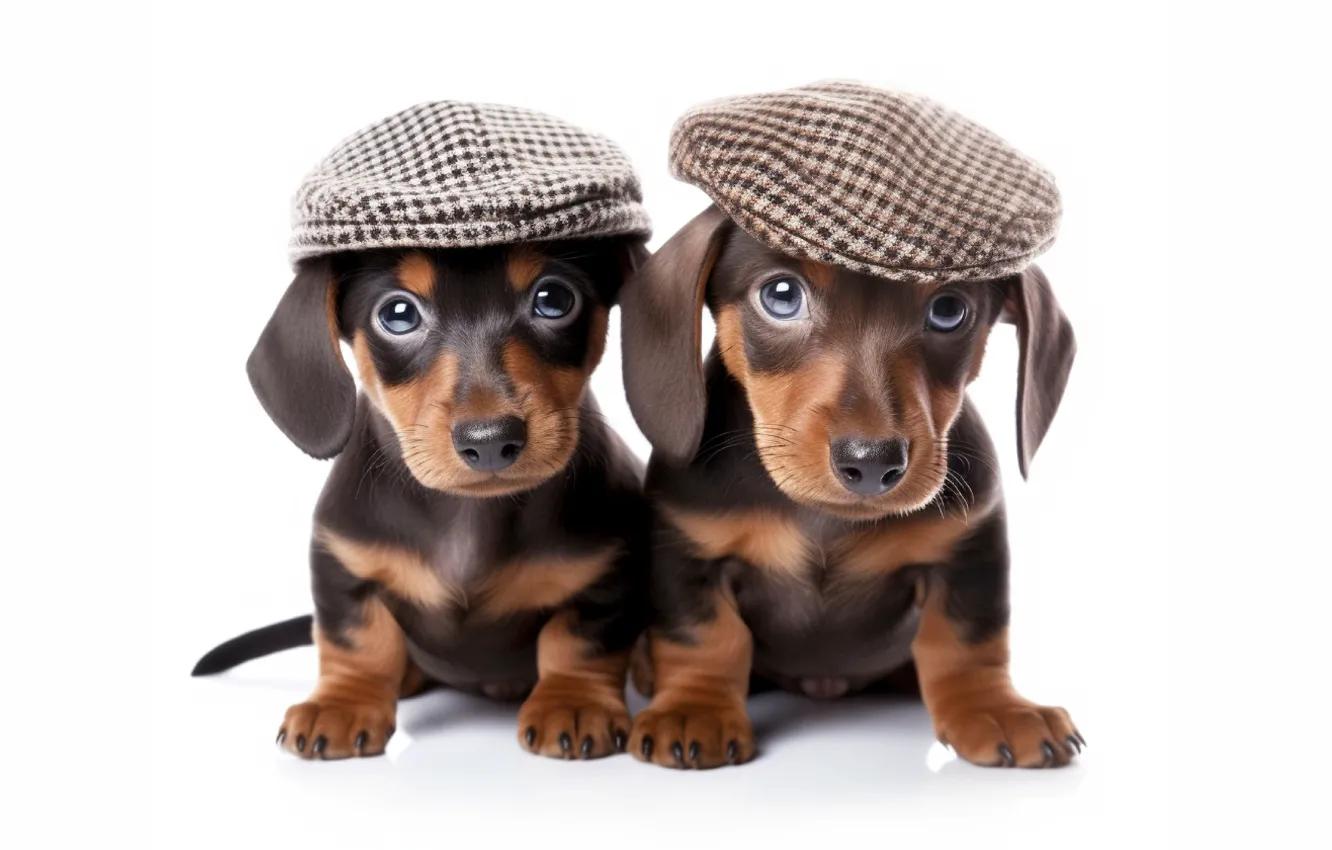 Photo wallpaper together, dog, baby, puppy, white background, Dachshund, cap, face