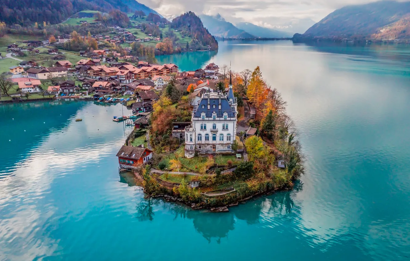 Photo wallpaper mountains, lake, castle, home, Switzerland, village, Switzerland, Lake Brienz