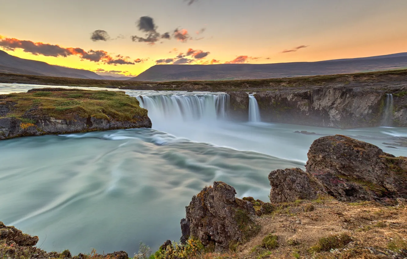 Photo wallpaper the sky, clouds, sunset, river, rocks, waterfall, Iceland