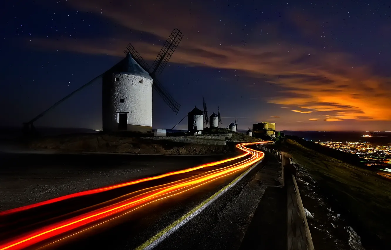 Photo wallpaper road, the sky, stars, light, night, excerpt, Spain, windmills