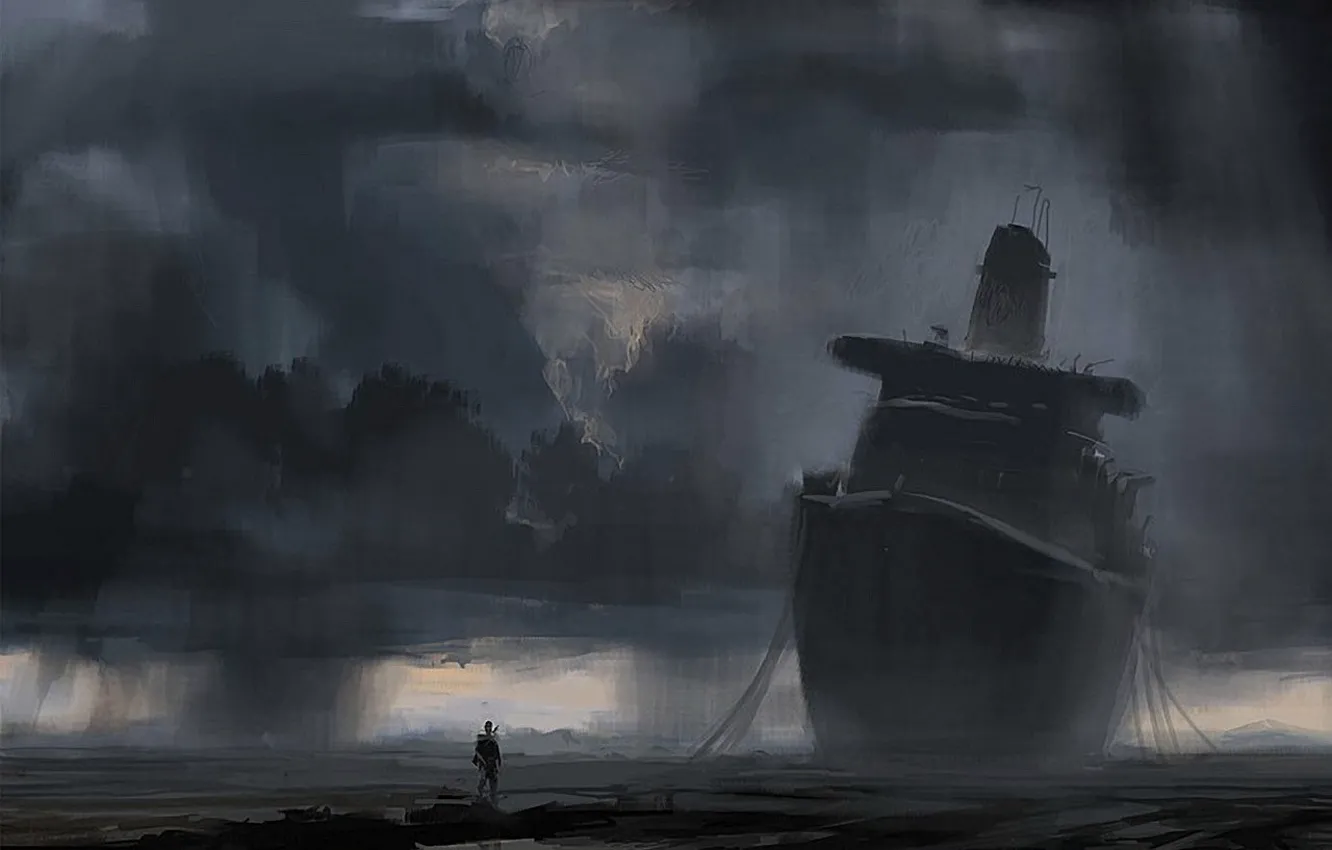 Photo wallpaper shore, figure, people, ship