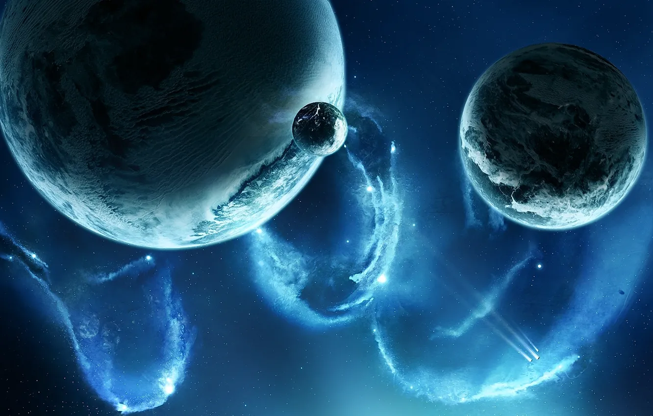 Photo wallpaper space, stars, nebula, ship, planet, satellite