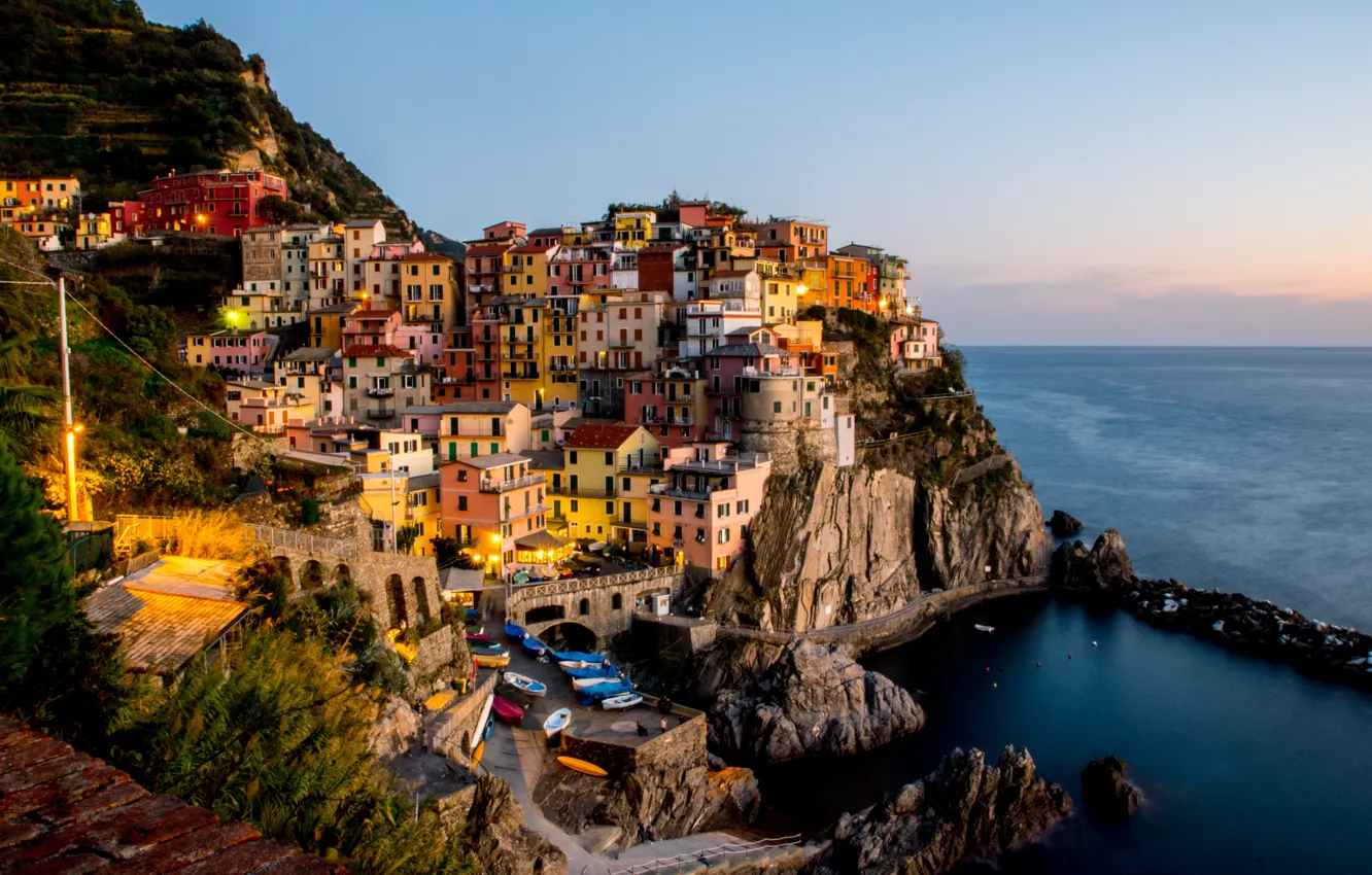 Photo wallpaper sea, sunset, city, coast, home, boats, Italy, Bay