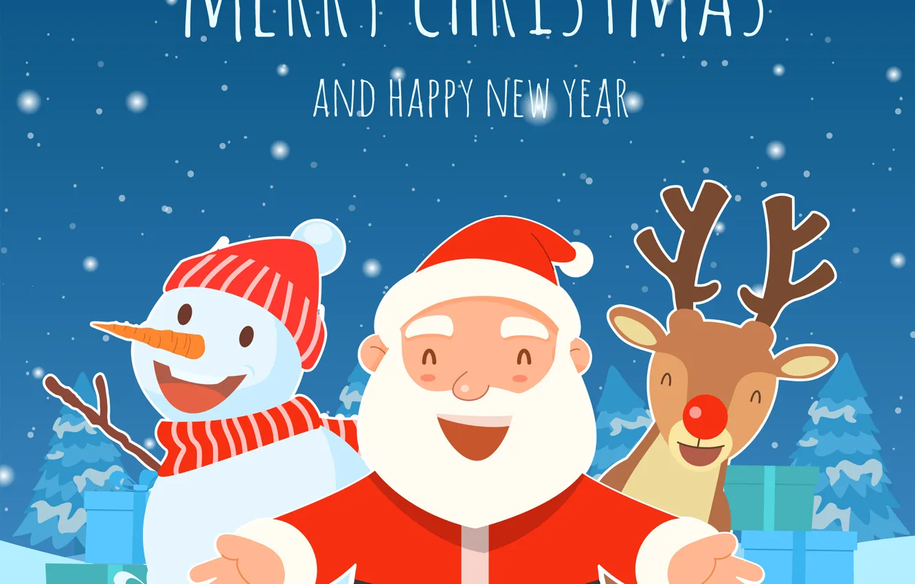 Photo wallpaper Smile, Christmas, Deer, New year, Santa Claus, Merry Christmas, Snowman, Merry christmas and Happy new …