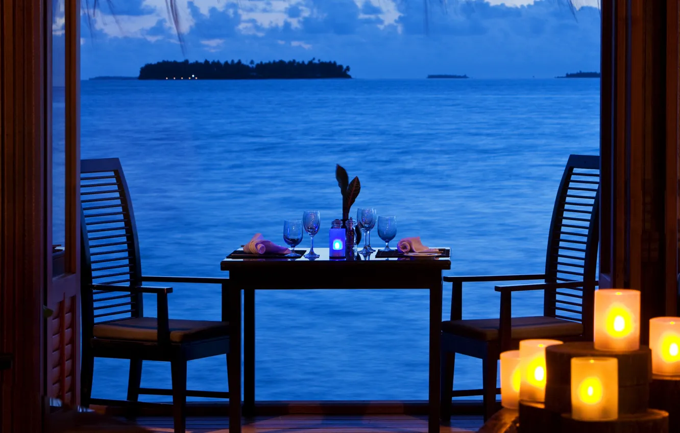 Photo wallpaper the ocean, romance, view, the evening, candles, dinner