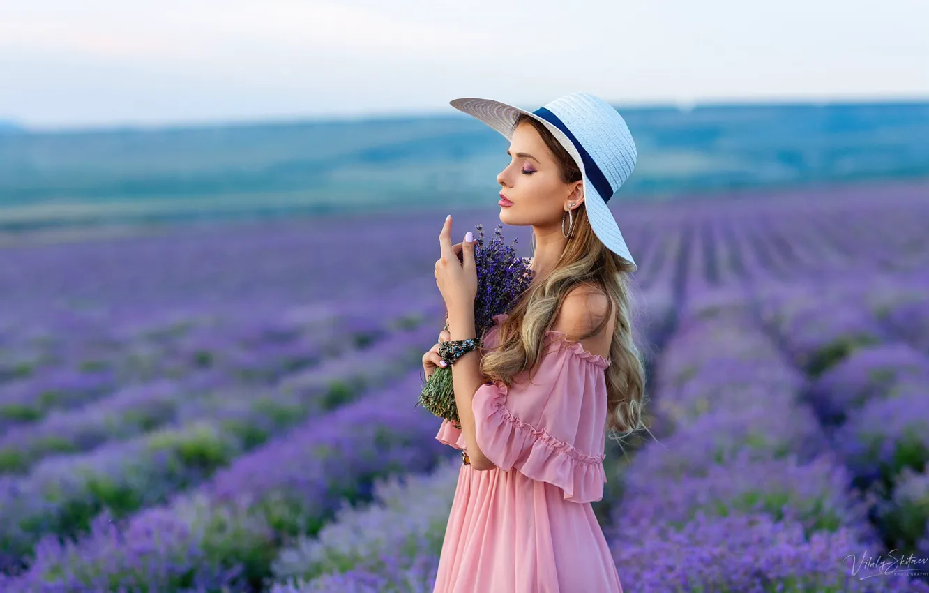 Photo wallpaper field, summer, girl, flowers, nature, pose, hat, dress