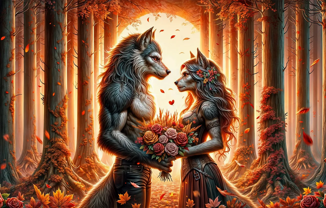 Photo wallpaper autumn, forest, love, wolf, bouquet, pair, wolf