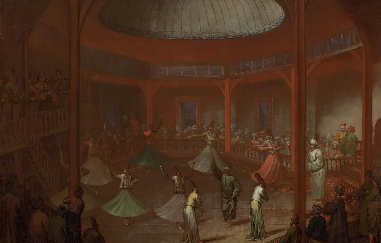 Photo wallpaper oil, picture, canvas, 1737, Jean Baptiste Van Moore, Jean Baptiste Vanmour, Dancing dervishes in the …