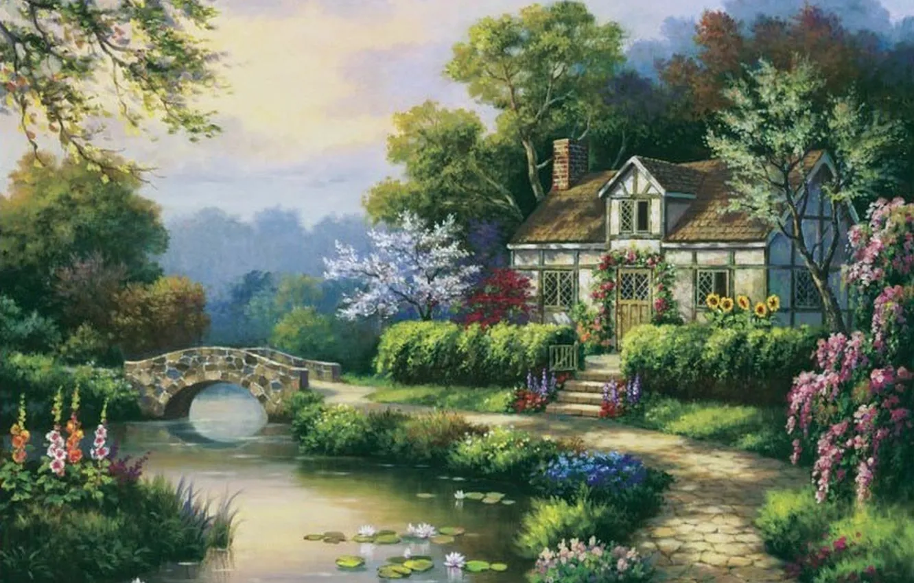Photo wallpaper house, river, picture, garden, painting, painting, Sung Kim