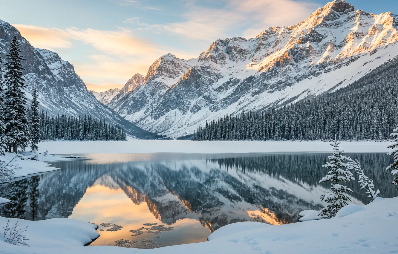 Photo wallpaper winter, snow, mountains, lake