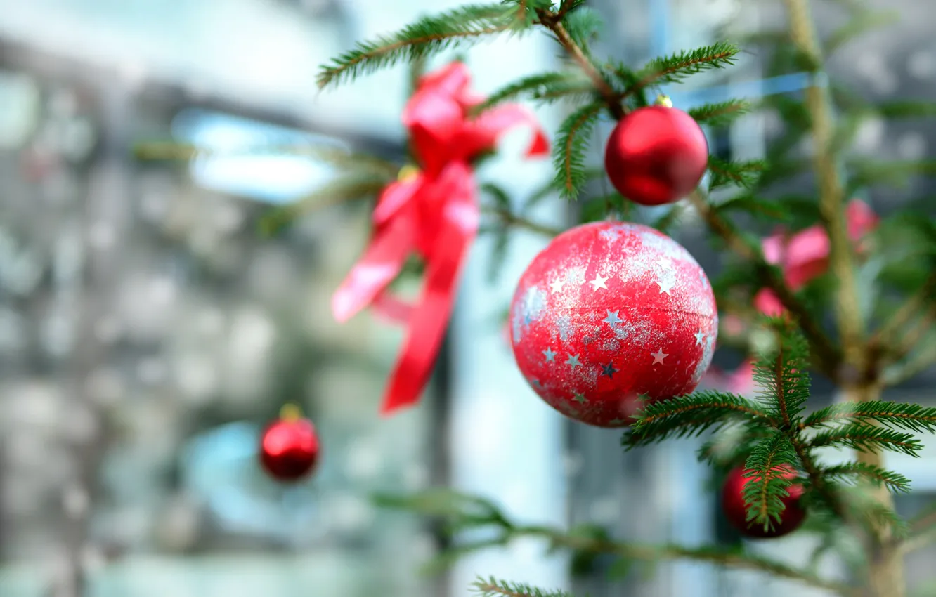 Photo wallpaper winter, balls, branches, holiday, balls, blur, Christmas, red