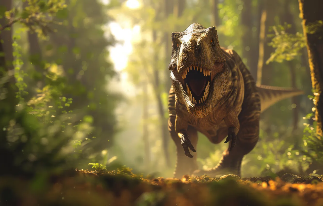 Photo wallpaper face, trees, animal, dinosaur, predator, teeth, front, Tyrannosaurus