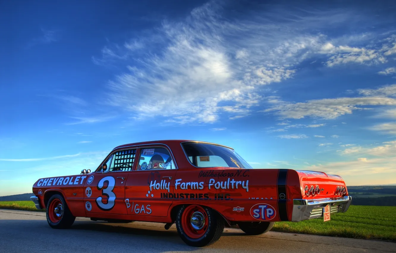 Photo wallpaper field, the sky, red, Chevrolet, Impala