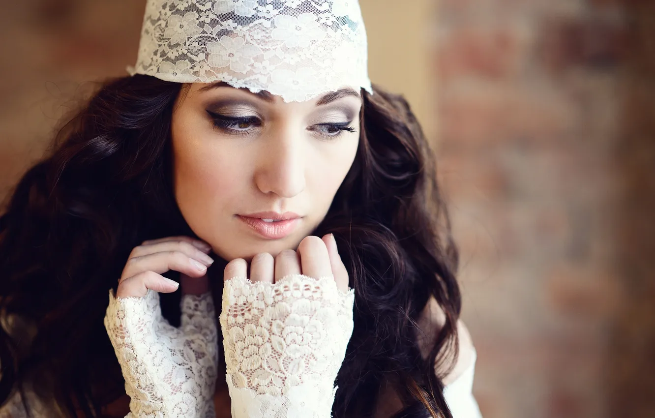 Photo wallpaper pose, tenderness, beauty, gloves, touch, lace, photographer, Xenia