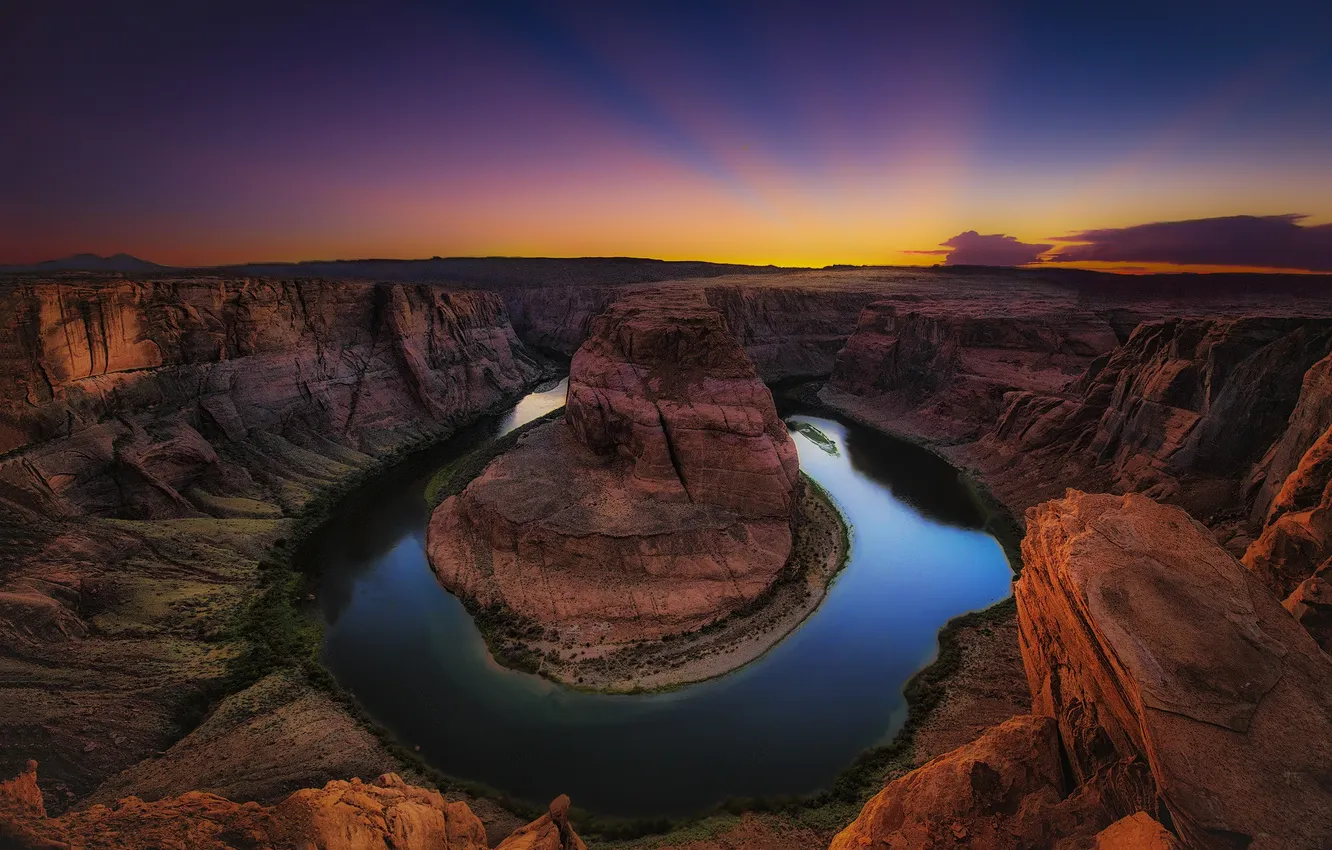 Photo wallpaper the sky, rays, mountains, river, canyon, glow