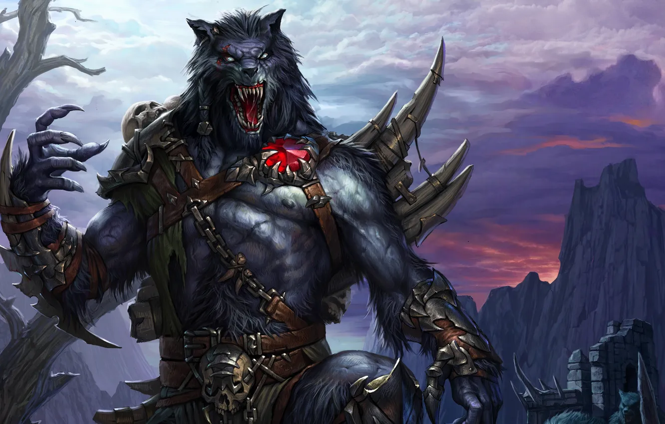 Photo wallpaper skull, armor, chain, fangs, grin, werewolf