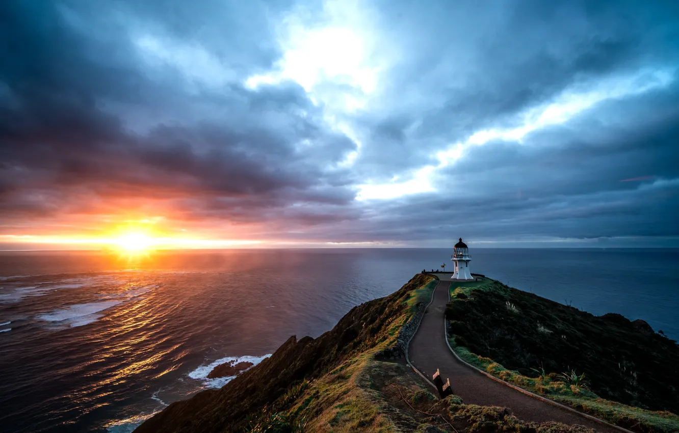 Photo wallpaper road, sea, the sky, sunset, the ocean, lighthouse, New Zealand, Pacific Ocean