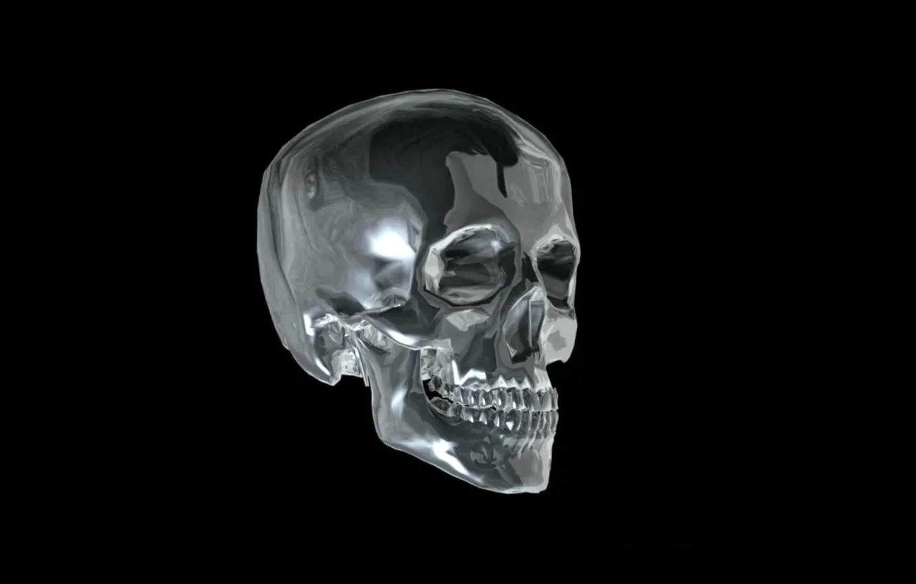 Photo wallpaper skull, teeth, black background, glass
