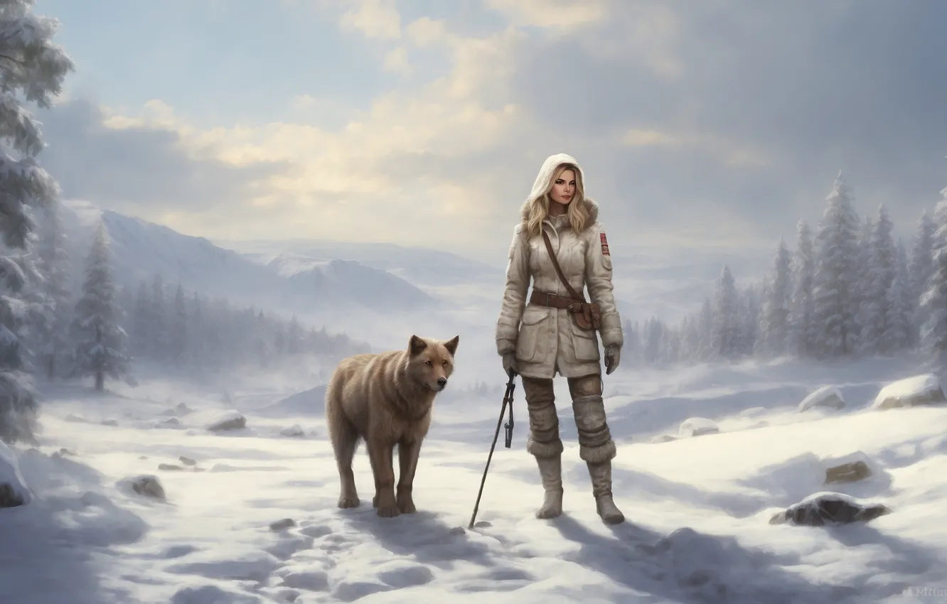 Photo wallpaper snow, trees, mountains, wolf, blonde, girl