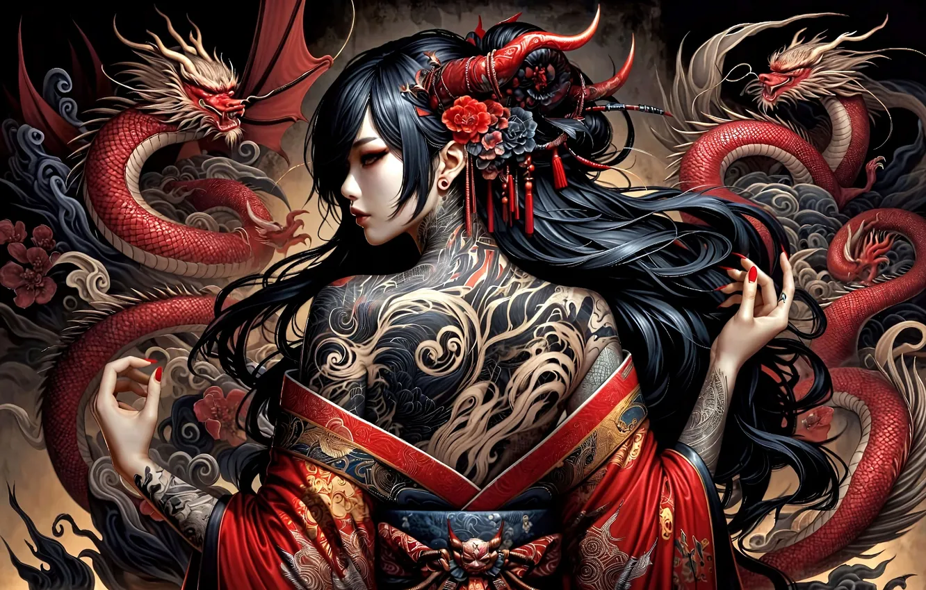 Photo wallpaper girl, dragon, the demon, tattoo, kimono, Asian