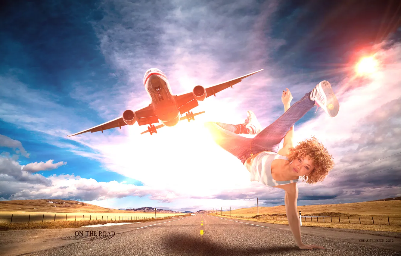 Photo wallpaper road, the sky, girl, the sun, clouds, flight, the plane, creative