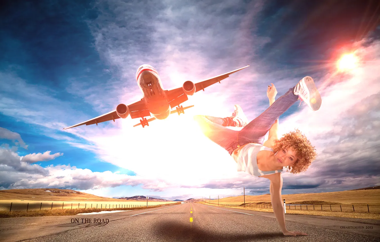 Photo wallpaper road, the sky, girl, the sun, clouds, flight, creative, mood
