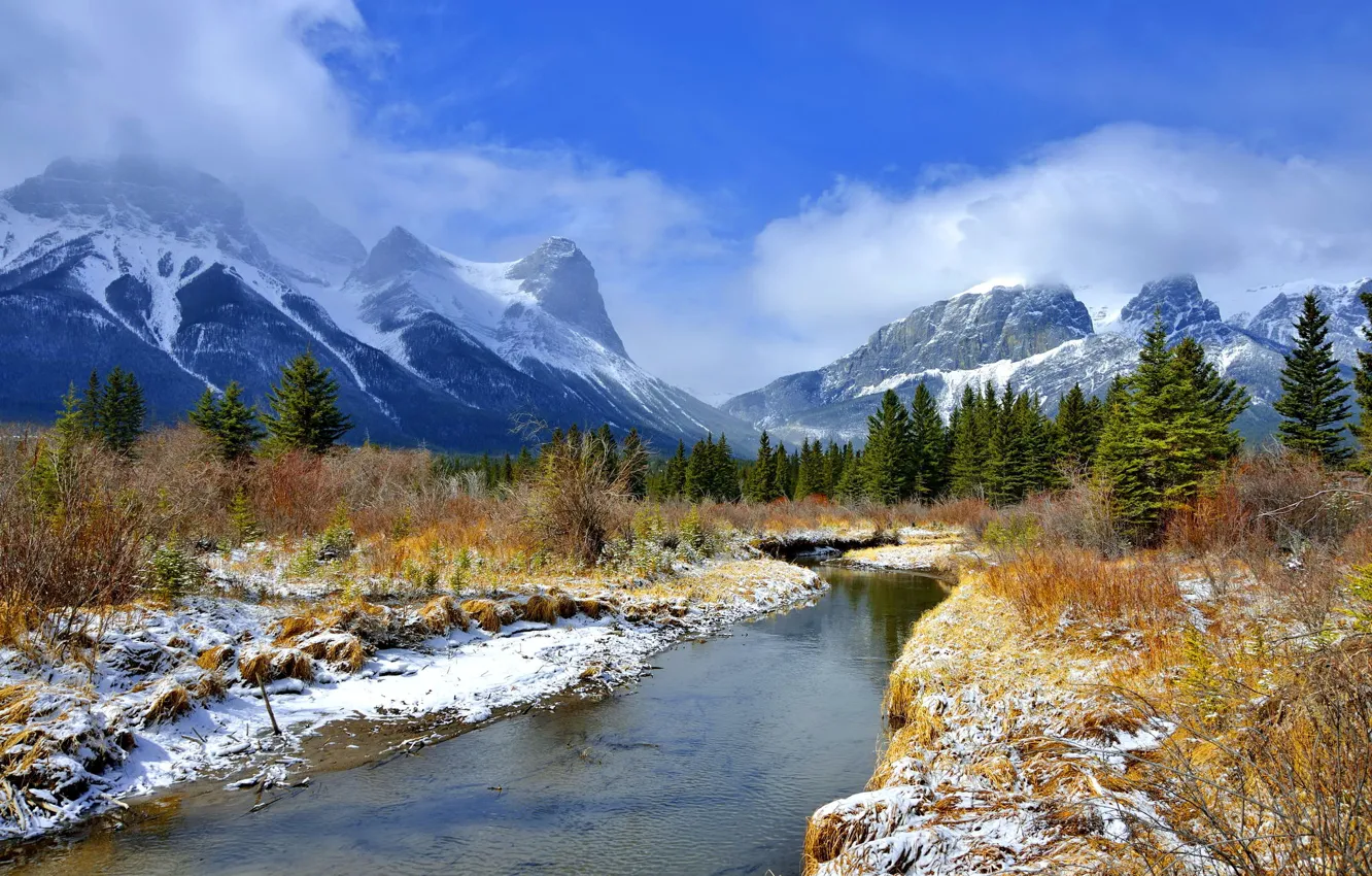 Photo wallpaper the sky, clouds, snow, trees, river, Mountains