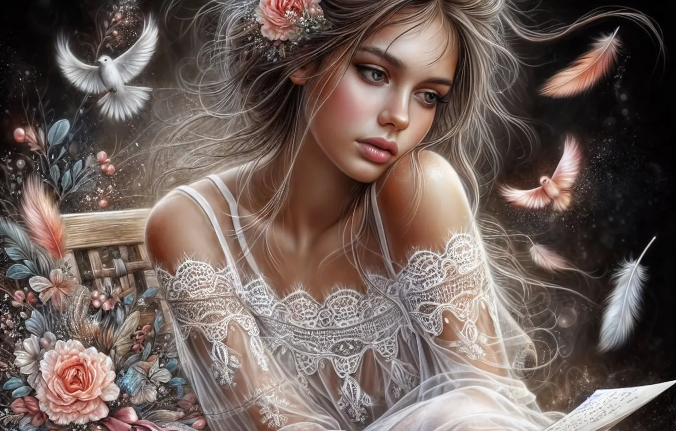 Photo wallpaper look, letter, girl, flowers, bench, night, pose, the dark background