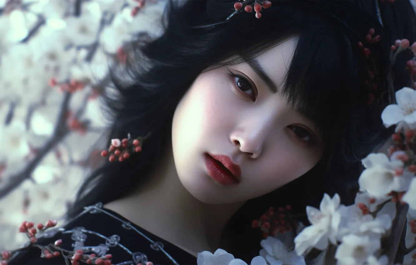 Photo wallpaper girl, face, image, Asian, digital art, AI art, The Art of Artificial Intelligence, neural network