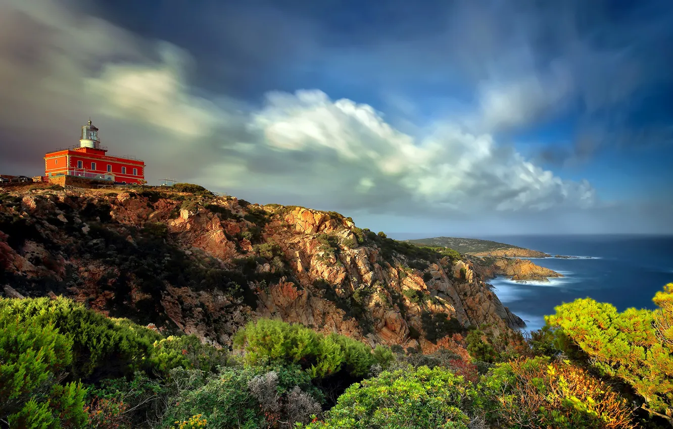 Photo wallpaper sea, clouds, landscape, nature, rocks, shore, lighthouse, Italy