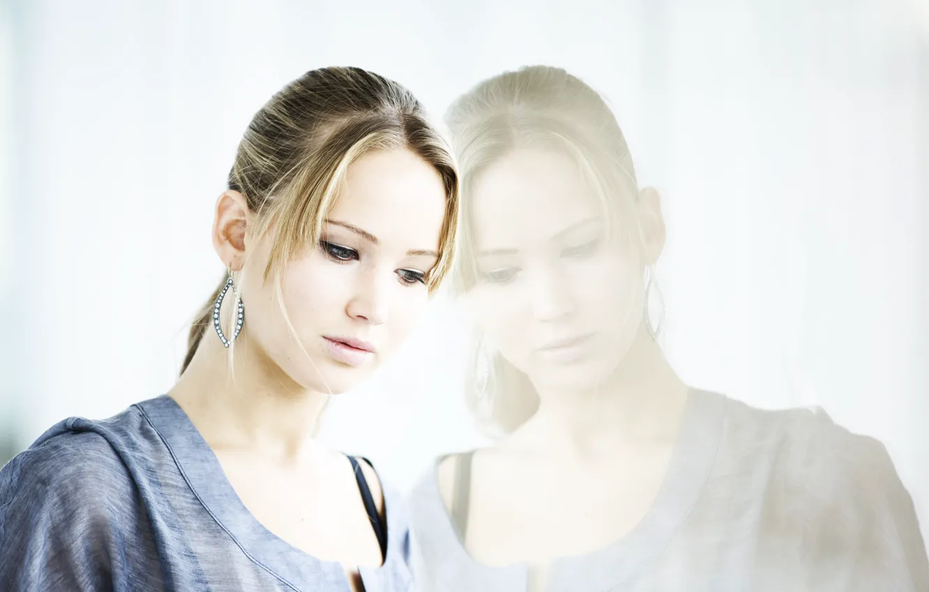 Photo wallpaper sadness, look, girl, reflection, actress, blonde, Jennifer Lawrence, The hunger games