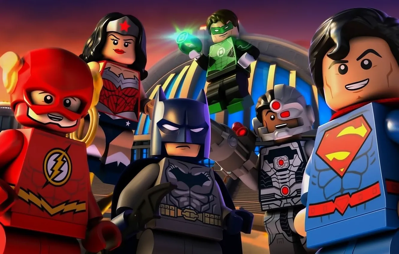 Photo wallpaper Wonder Woman, Batman, smile, bat, Lego, Green Lantern, Superman, hero