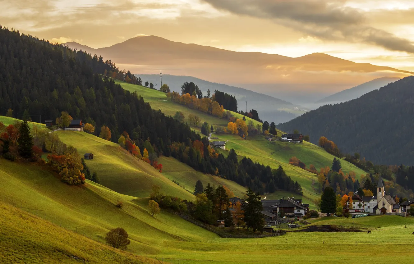 Photo wallpaper autumn, mountains, house, slope, Italy, The Dolomites