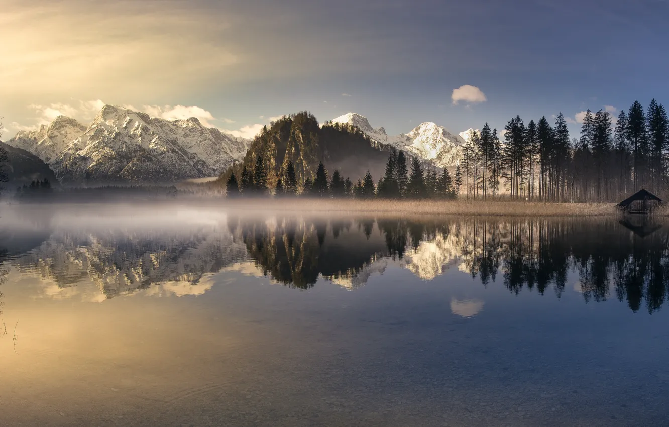 Photo wallpaper winter, light, snow, mountains, reflection, tops, panorama, pond