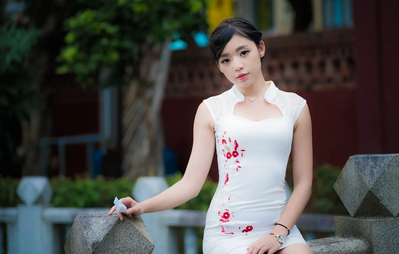 Photo wallpaper look, girl, dress, Asian, bokeh