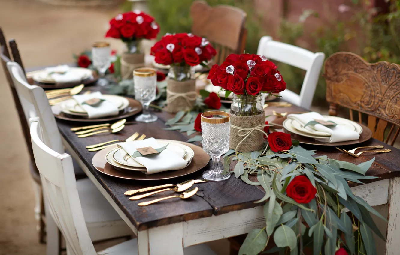 Photo wallpaper flowers, holiday, roses, vase, decor, serving