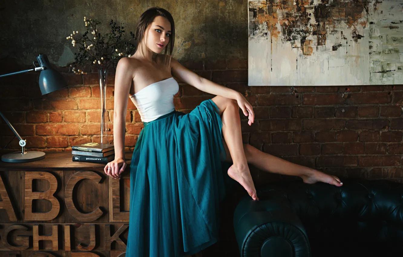 Photo wallpaper girl, pose, letters, lamp, skirt, picture, book, legs