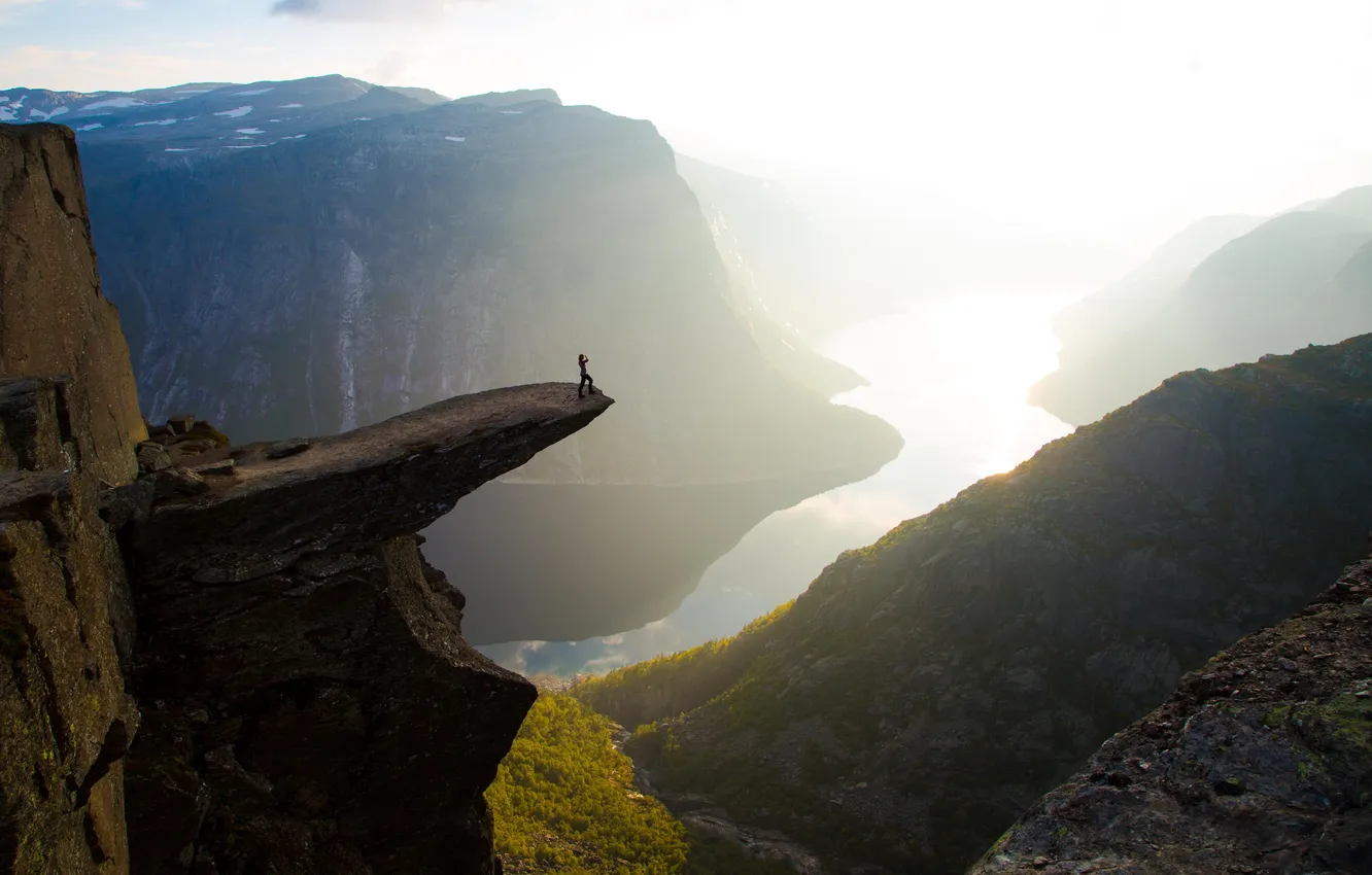 Photo wallpaper landscape, mountains, nature, river, rocks, dawn, valley, horizon