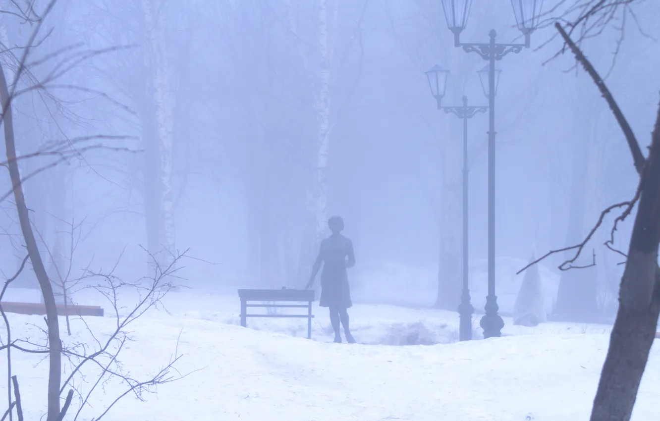 Photo wallpaper snow, trees, the city, fog, spring, morning, Russia, Samara
